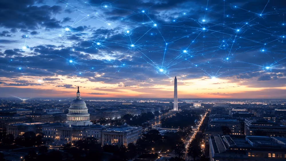 ワシントンD.C.の連邦政府機関による最先端AIの監視・評価ネットワークを象徴する図